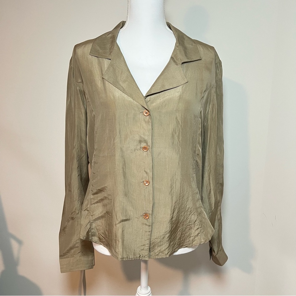 APOSTROPHE Vintage 90s/Y2k 100% Pure Silk Taupe Button-Up Blouse‎ 🕊️